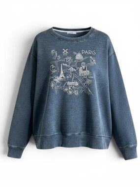 Jane + Delancey Embroidered Paris Map Crew Sweatshirt Soft Cozy Blue 3X